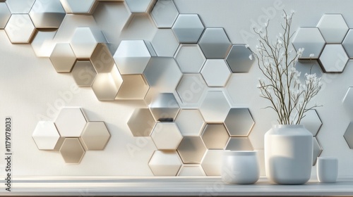 A modern geometric 3D mural with hexagonal designs in metallic finishes, set against a light neutral backdrop