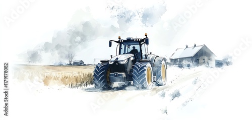 Modern tractor in a watercolor landscape.  Farmland, agriculture, machinery, rural scene.