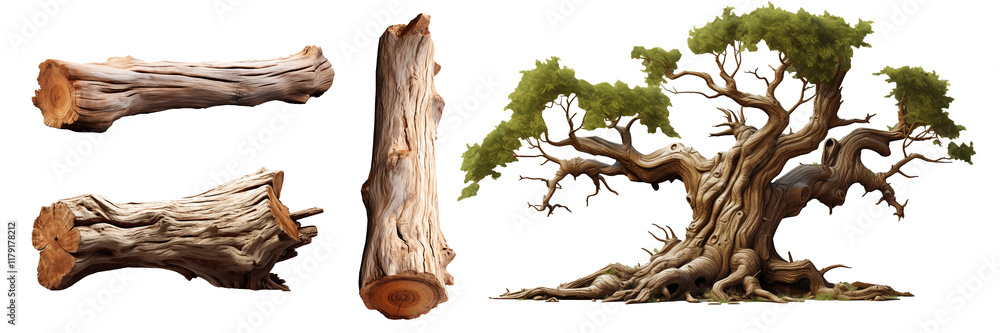 Set of weathered wooden log with visible grain and texture, cut out. Dry wood or log isolated on transparent background. Set of weathered wooden log with visible grain and texture, cut out. Dry wood or log isolated on transparent background.