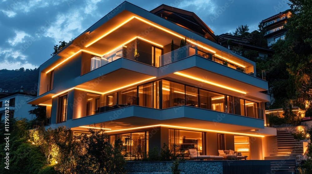 Modern luxury house illuminated at night. Modern luxury house illuminated at night.