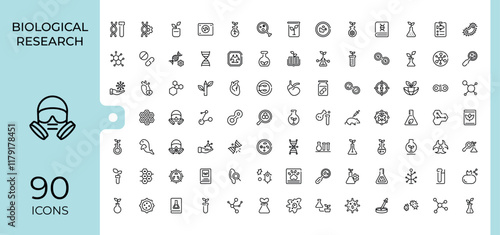 Biology icon set. Includes icons for biology, molecule, structure, bulb, gene, microscope, medical, nature. Minimalistic icon. Editable stroke. Vector illustration.