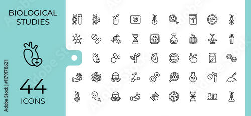Biology icon set. Includes icons for biology, molecule, structure, bulb, gene, microscope, medical, nature. Minimalistic icon. Editable stroke. Vector illustration.