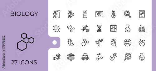 Biology icon set. Includes icons for biology, molecule, structure, bulb, gene, microscope, medical, nature. Minimalistic icon. Editable stroke. Vector illustration.