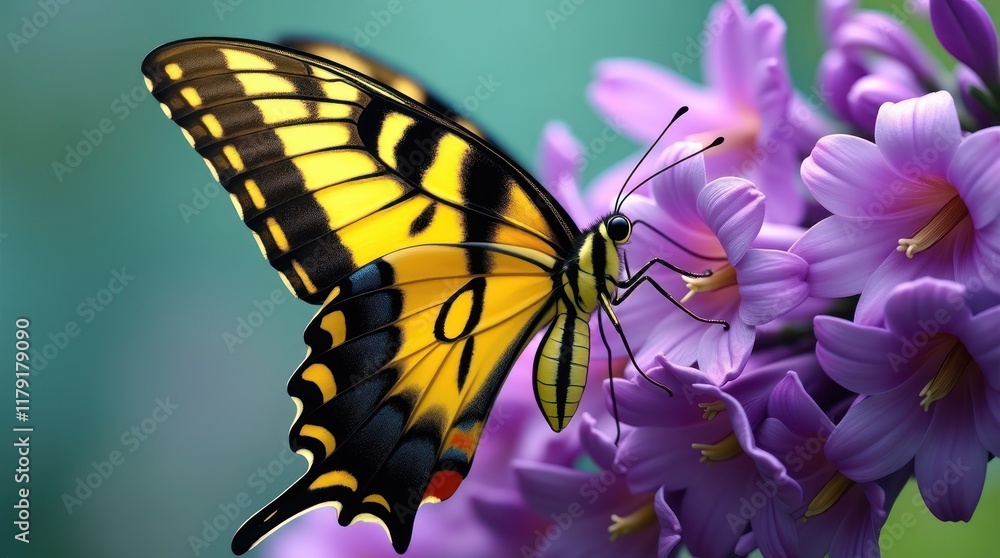 Fototapeta premium Butterfly on Purple Flower: A delicate yellow and black butterfly with its wings outstretched, perched gracefully on a vibrant purple flower. The image captures the beauty and fragility of nature.