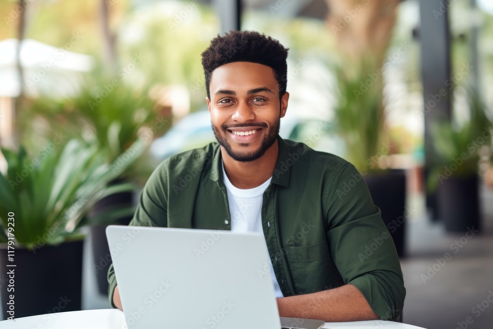 Happy young manager using laptop, enjoying remote work in coworking space with plants Happy young manager using laptop, enjoying remote work in coworking space with plants