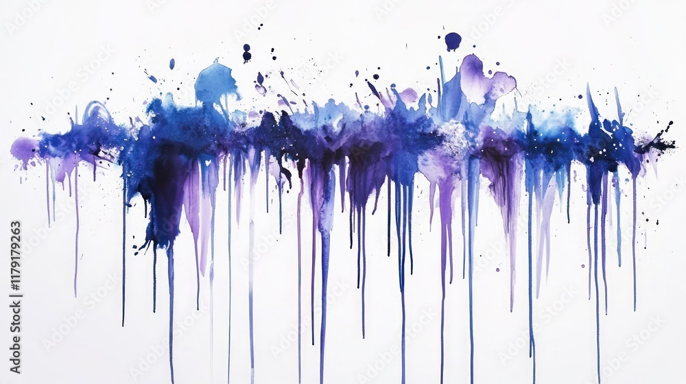 Fototapeta premium Abstract blue and purple watercolor painting with drips and splatters on white background. (2)