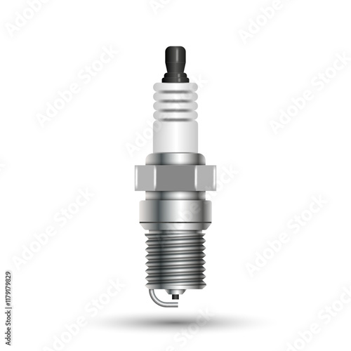 Detailed spark plug isolated realistic vector illustration on a white background for engine maintenance, mechanical repair, and car components, for workshops, mechanics, and auto industry graphics.