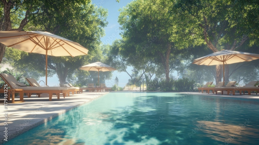 Serene poolside scene with chaise lounges under umbrellas in a lush, tropical garden. Serene poolside scene with chaise lounges under umbrellas in a lush, tropical garden.