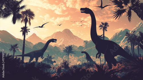 Prehistoric dinosaur vector silhouettes with jurassic dino animals and pterosaurs. Pelorosaurus, dimorphodon, vulcanodon and eoraptor dinosaurs, prehistoric mountains, jungle palm trees and cactuses photo