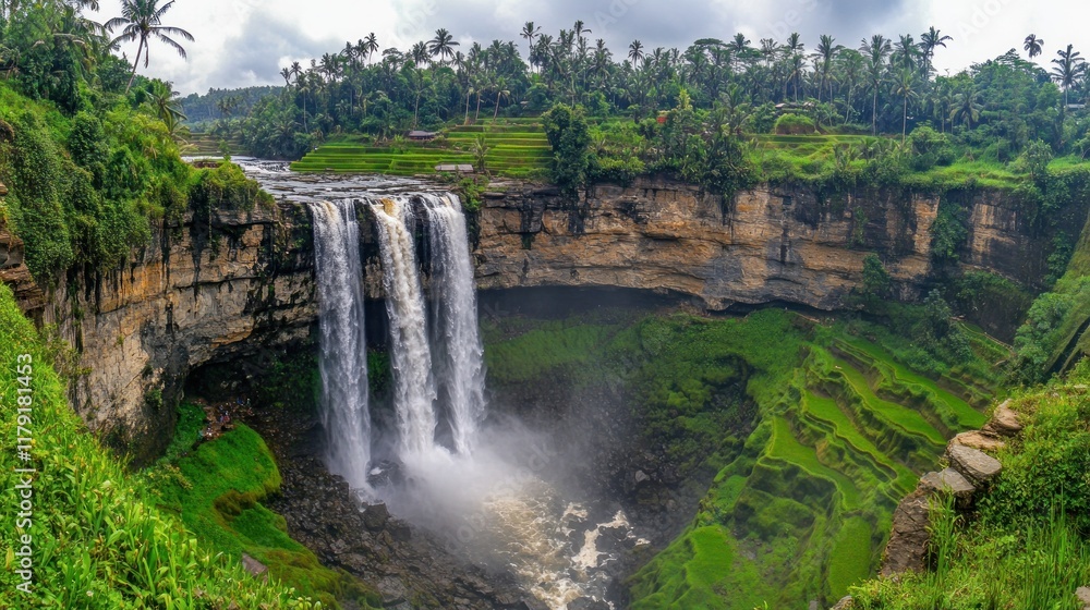 Majestic waterfall cascading down lush green cliffs into a verdant valley. Majestic waterfall cascading down lush green cliffs into a verdant valley.