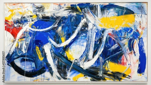 A colorful abstract painting with bold blue, yellow, and white strokes, perfect for brightening modern interiors