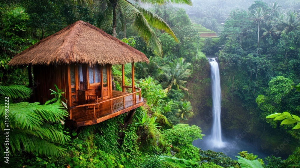 Jungle hut overlooking waterfall. Jungle hut overlooking waterfall.