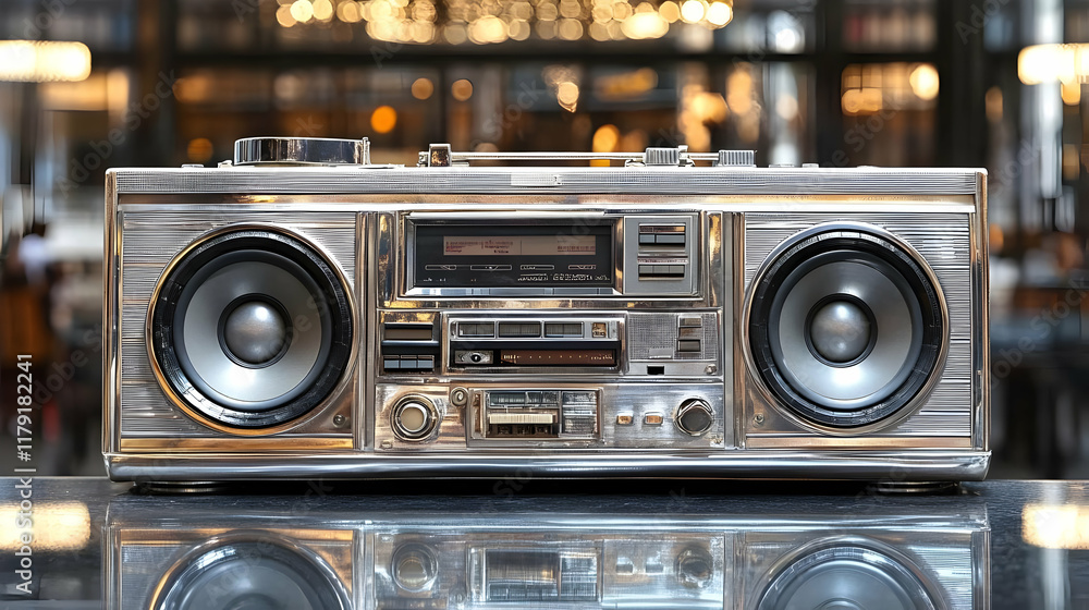 Fototapeta premium Shiny Silver Boombox Sits Majestically on a Reflective Surface, Showcasing its Retro Design with a Blurred Background.