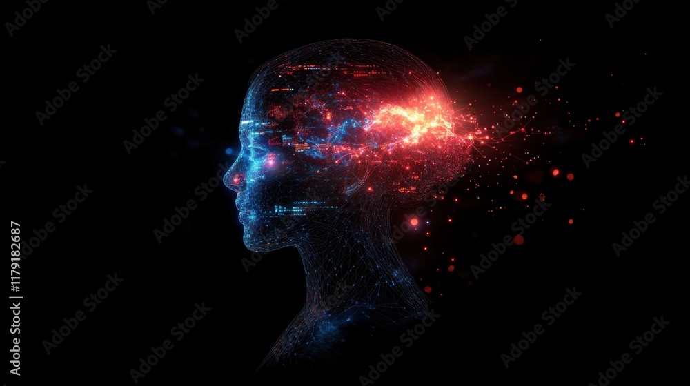 A digital profile of a human head glowing with circuits, holographic data points, and neural connections A digital profile of a human head glowing with circuits, holographic data points, and neural connections
