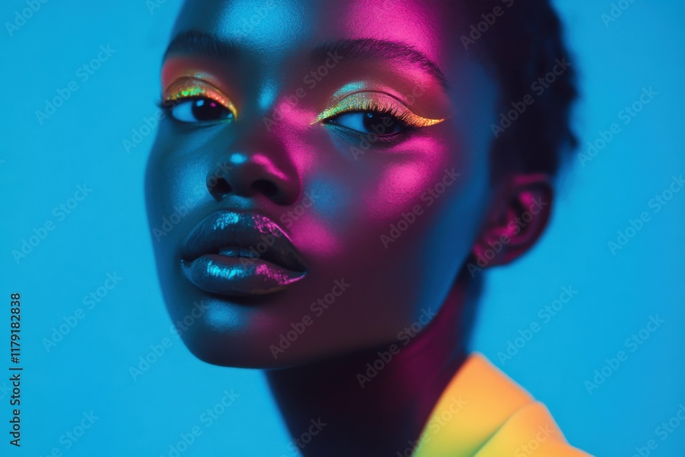 Model with glowing highlighter and vibrant eye makeup, elegant studio setup, glamorous and creative vibe Model with glowing highlighter and vibrant eye makeup, elegant studio setup, glamorous and creative vibe