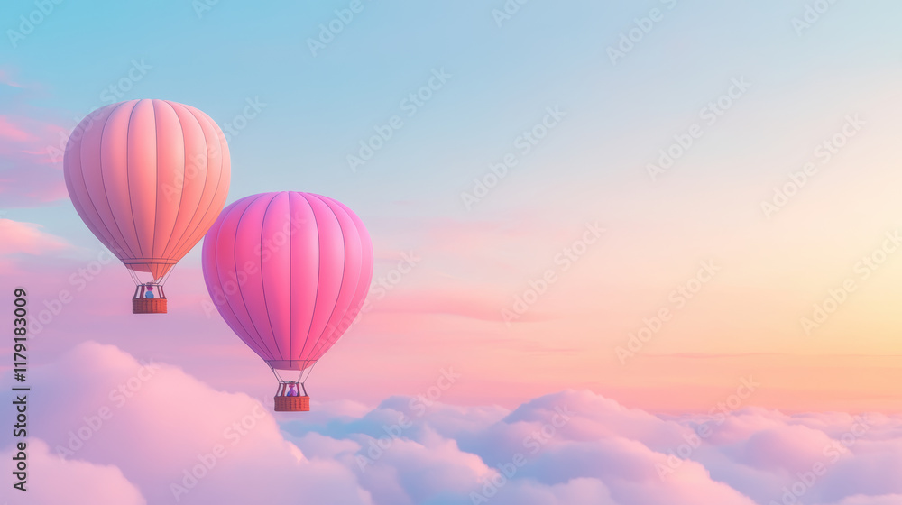 Fototapeta premium Hot air balloons soaring over pastel clouds during a colorful sunset