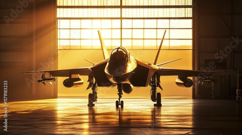 Fighter jet in hangar at sunset. (1)
