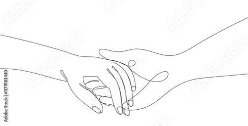 Continuous line drawing of a man s and woman hands holding each other,