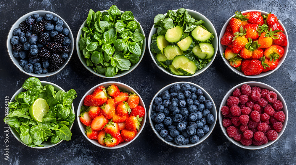 fresh fruits and vegetables in white bowls on dark surface fresh fruits and vegetables in white bowls on dark surface