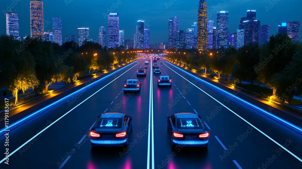 Fototapeta premium Futuristic Urban Night Scene with Self-Driving Cars in Cityscape