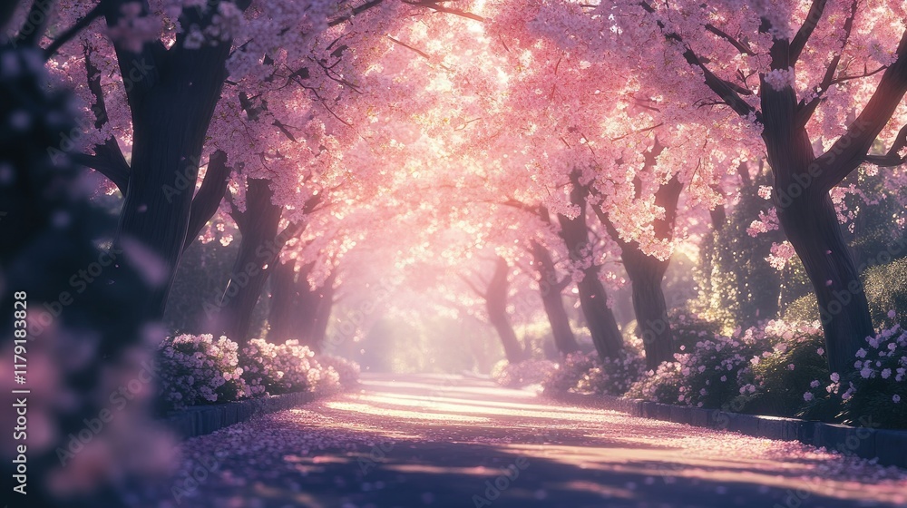 Fototapeta premium Serene Cherry Blossom Pathway in Springtime Glow