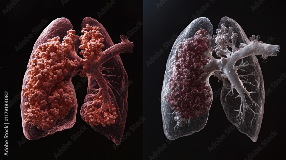 Сomparison healthy vs infected lung tissue, metapneumovirus pathology, hyper-detailed medical photography, epithelial cell damage Сomparison healthy vs infected lung tissue, metapneumovirus pathology, hyper-detailed medical photography, epithelial cell damage