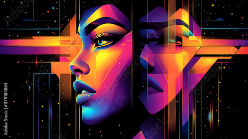 Two Faces Divided by Colorful Glowing Lines with Geometric Shapes and Stars