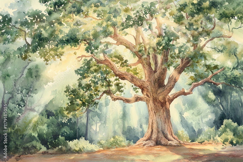 Fototapeta premium Serene watercolor painting of a majestic oak tree bathed in sunlight, standing tall in a lush forest. Tranquil nature scene.