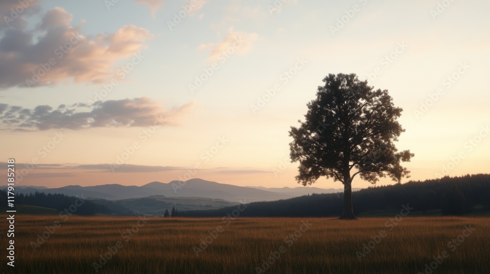 Solitary tree in a field at sunset with mountain background. Solitary tree in a field at sunset with mountain background.