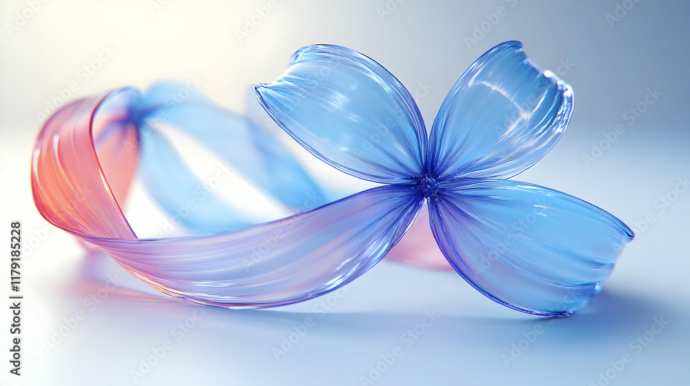 Abstract Glass Flower with Swirling Petals in Blue and Pink Hues on a Soft Background. Abstract Glass Flower with Swirling Petals in Blue and Pink Hues on a Soft Background.