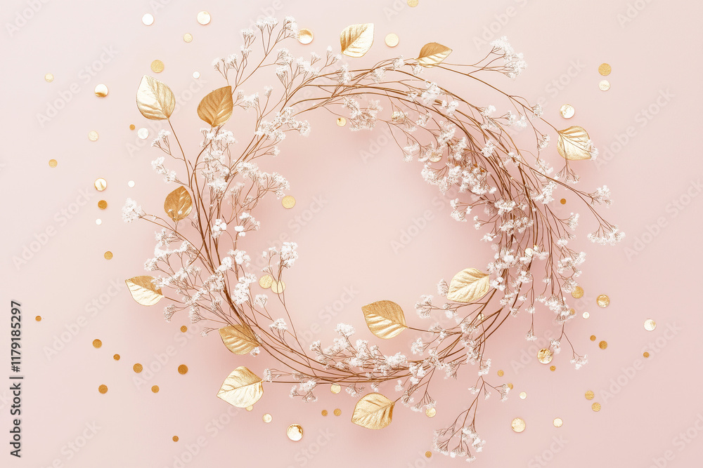 Obraz premium Digital illustration of a delicate wreath of golden leaves intertwined with tiny white flowers, designed against a soft blush pink background.