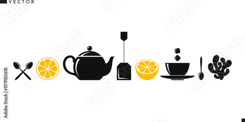 Herbal tea with lemon. Isolated teapot spoon tea cup sugar ginger lemon and tea leaves