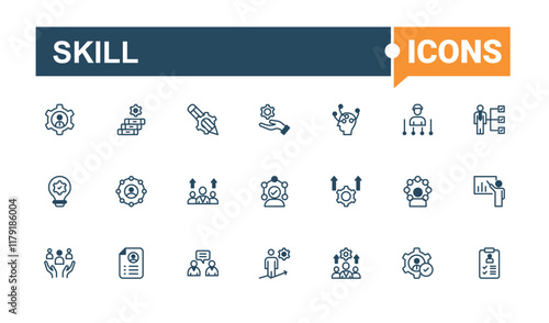 Skill lined icons set. Icons work, innovation, confidence, management, skill, time and more. Outline icon. Editable vector outline and solid icons.