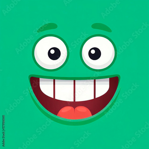 A cheerful green face with a wide smile and big round eyes.