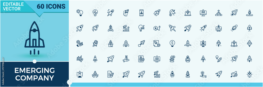Set of Emerging Company line icons. It contains symbols to innovation, startup, success, on, planning and more. Web icons. Editable vector icon and illustration. Set of Emerging Company line icons. It contains symbols to innovation, startup, success, on, planning and more. Web icons. Editable vector icon and illustration.