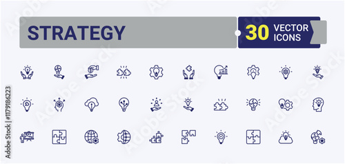 Strategy icons set in linear style. Featuring ai, assist, innovation, info, technology, business, tech, solution. Thin outline icons pack. Editable vector outline and solid icons.