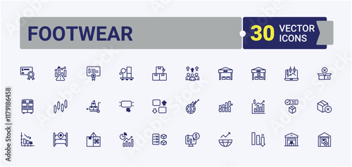 Set of Footwear line icons. Contains related to snow, men, cloth, stock, app and more. Minimal linear icons. Solid line editable stroke. Vector line and solid icons.
