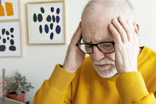 Elderly Caucasian man in yellow sweater experiencing a headache in a modern art setting photo