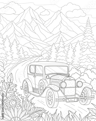 Car on the road. Nature, mountains, flowers. Coloring page for adults. Vector image.