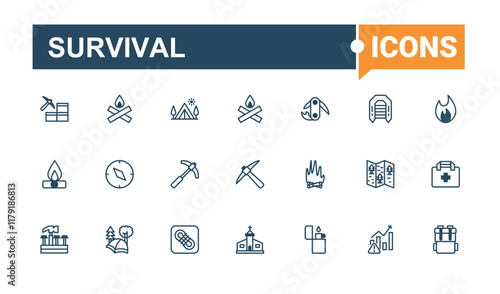 Survival icons set in linear style. It contains symbols to gun, disaster, map, kit, flashlight, compass and more. Symbol. Outline and solid pictogram.