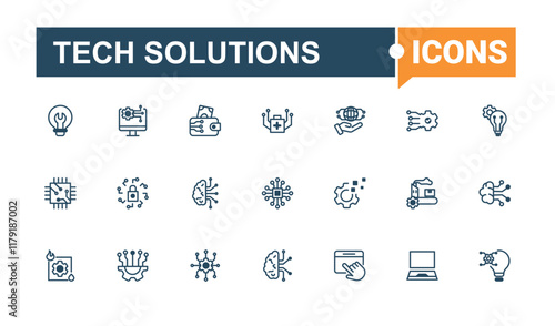 Tech Solutions lined icons set. Related to business, ai, network, technology, graphic, computer, info and more. Minimalistic icons. Vector line and solid icons.