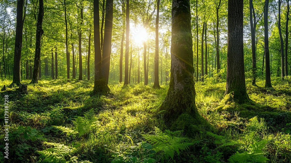 Obraz premium Sunlit Forest: A Serene Landscape of Mossy Trees and Lush Greens