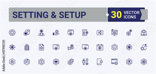 Setting And Setup icon pack. Icons gear, settings, application, rebuild, process, setup, control, recovery. Outline icon. Editable vector outline and solid icons.