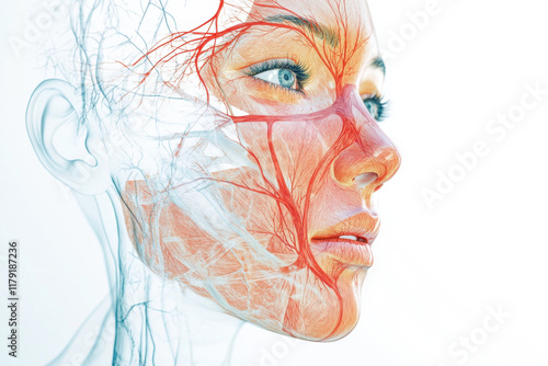 Anatomical illustration of a woman's facial muscles and blood vessels