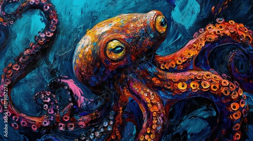 close-up of octopus with vibrant colors, in dark blue ocean, detailed textures, bioluminescent highlights, moody and realistic photo