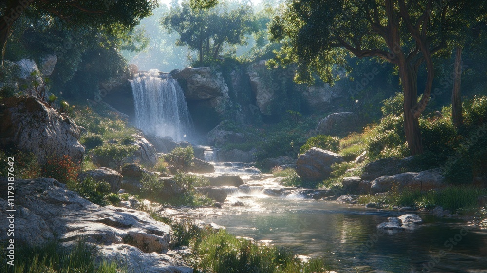 Serene waterfall cascading into a tranquil stream in a lush forest. Serene waterfall cascading into a tranquil stream in a lush forest.