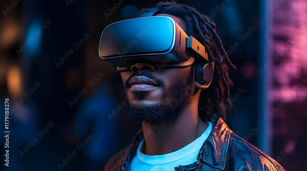 Man Wearing VR Headset Experiences Virtual Reality in a Dark, Neon-Lit Environment Man Wearing VR Headset Experiences Virtual Reality in a Dark, Neon-Lit Environment
