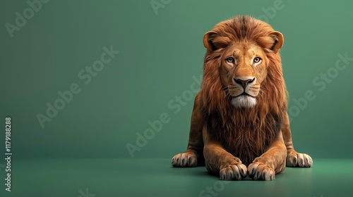 A lion with a mane sits and stares intently at the camera. photo