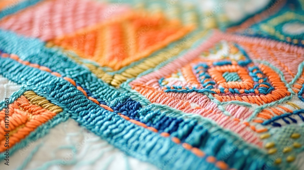 Detailed Close-Up of Vibrant Hand Embroidery on Textile. Detailed Close-Up of Vibrant Hand Embroidery on Textile.