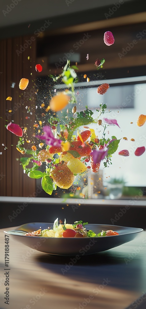 Vibrant fresh vegetables and fruits explode into a dark bowl, creating a dynamic and appetizing culinary scene. Perfect for healthy eating, cooking, and food blogs. Vibrant fresh vegetables and fruits explode into a dark bowl, creating a dynamic and appetizing culinary scene. Perfect for healthy eating, cooking, and food blogs.